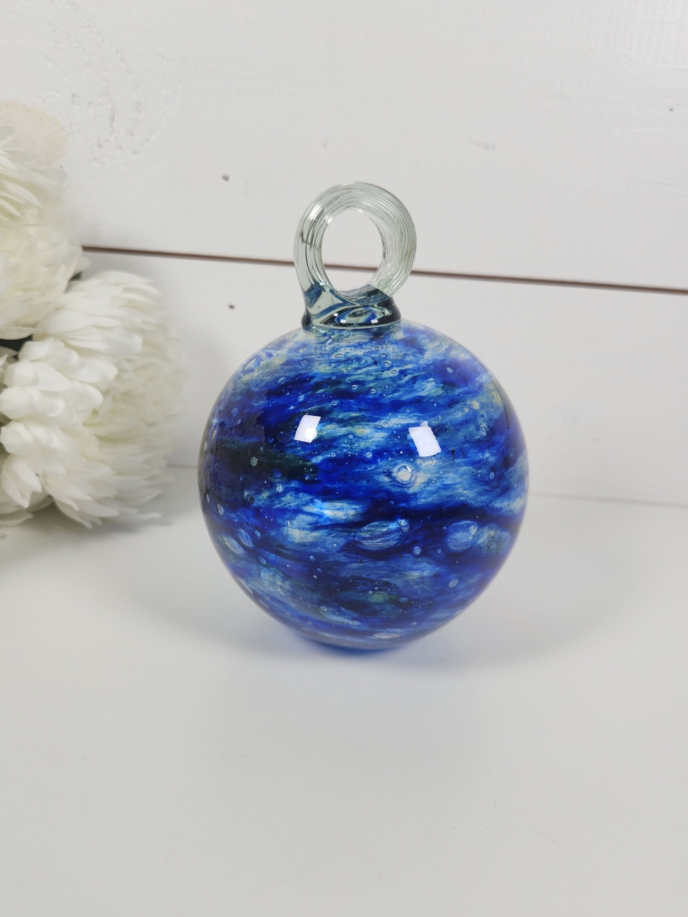 Hand Blown Cobalt Blue Swirl Art Glass Friendship Ball, Hanging Orb, Suncatcher